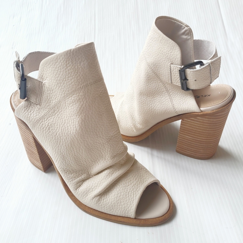 KELSI DAGGER women's beige peep toe block heel ankle buckle booties